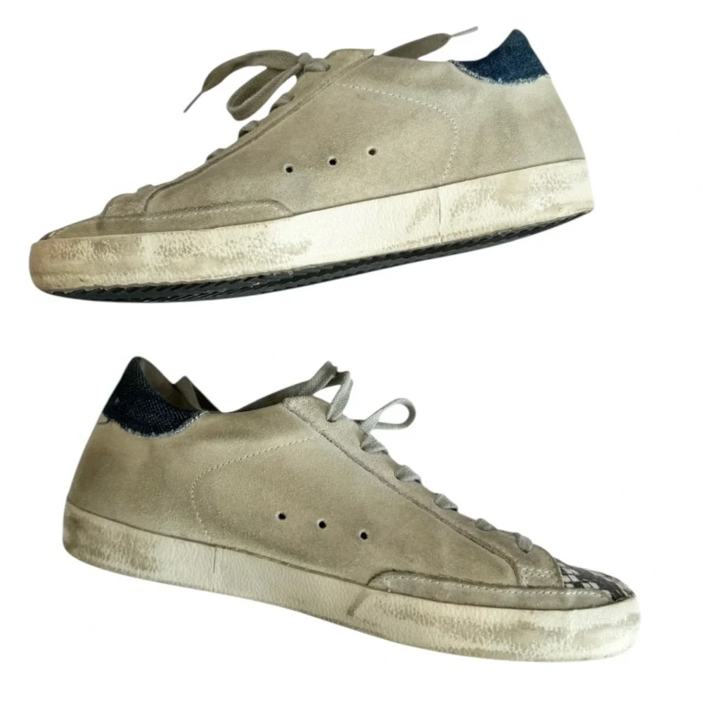 Golden Goose Superstar Suede Denim Heel Cap Snake Toe Low-Top Sneakers - Picture 2 of 5